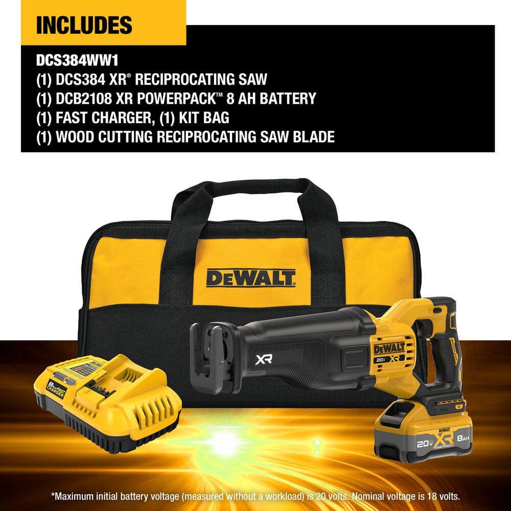 DEWALT 20V XR Cordless Reciprocating Saw Kit with 8.0 Ah Battery and Charger