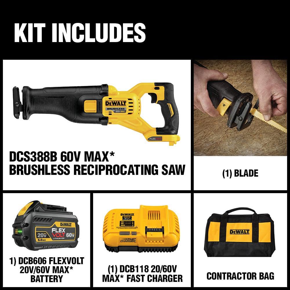 DEWALT FLEXVOLT 60V MAX Lithium-Ion Cordless Brushless Reciprocating Saw Kit with 1 Battery (2Ah at 60V/6Ah at 20V), Charger and Contractor Bag