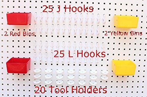 74 pc PEG BOARD KIT 25 J & L Hooks plus 20 Tool holders 4 Peg Board Bins Yellow Red