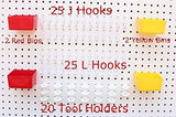 74 pc PEG BOARD KIT 25 J & L Hooks plus 20 Tool holders 4 Peg Board Bins Yellow Red