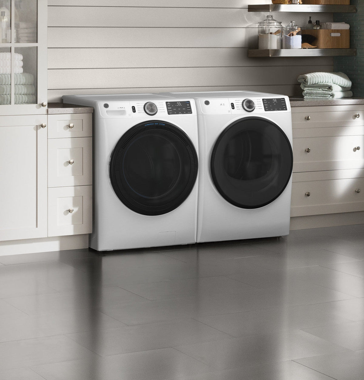 GE 7.8 cu. ft. Smart 240-Volt White Stackable Electric Vented Dryer with Sanitize Cycle, ENERGY STAR