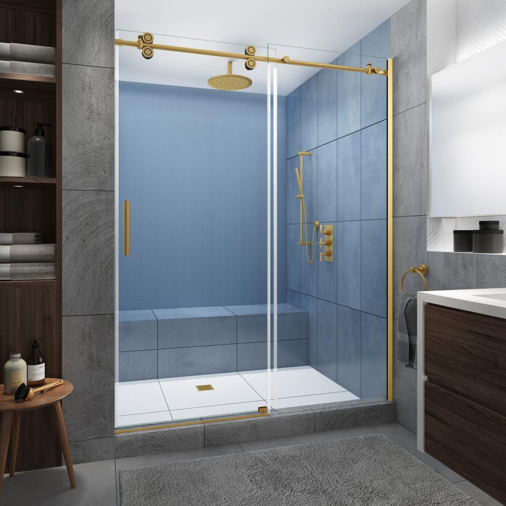 Langham XL 56 - 60 in. x 80 in. Frameless Sliding Shower Door with StarCast Clear Glass in Stainless Steel, Right Hand - Super Arbor
