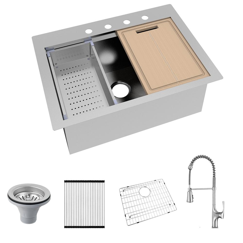 All-in-One Drop-In Stainless Steel 27 in. 4-Hole Single Bowl Kitchen Workstation Sink with Faucet and Accessories - Super Arbor