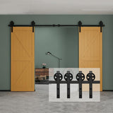 10 ft./120 in. Black Steel Sliding Barn Door Track and Hardware Kit for Double Doors with Floor GuideBigwheel J Shape) - Super Arbor