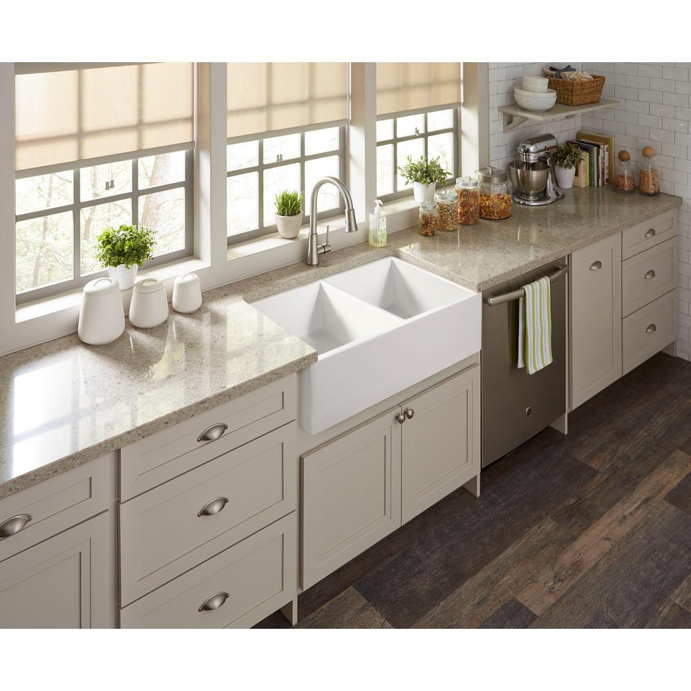 Brooks II Farmhouse/Apron-Front Fireclay 33 in. 50/50 Double Bowl Kitchen Sink in Crisp White - Super Arbor