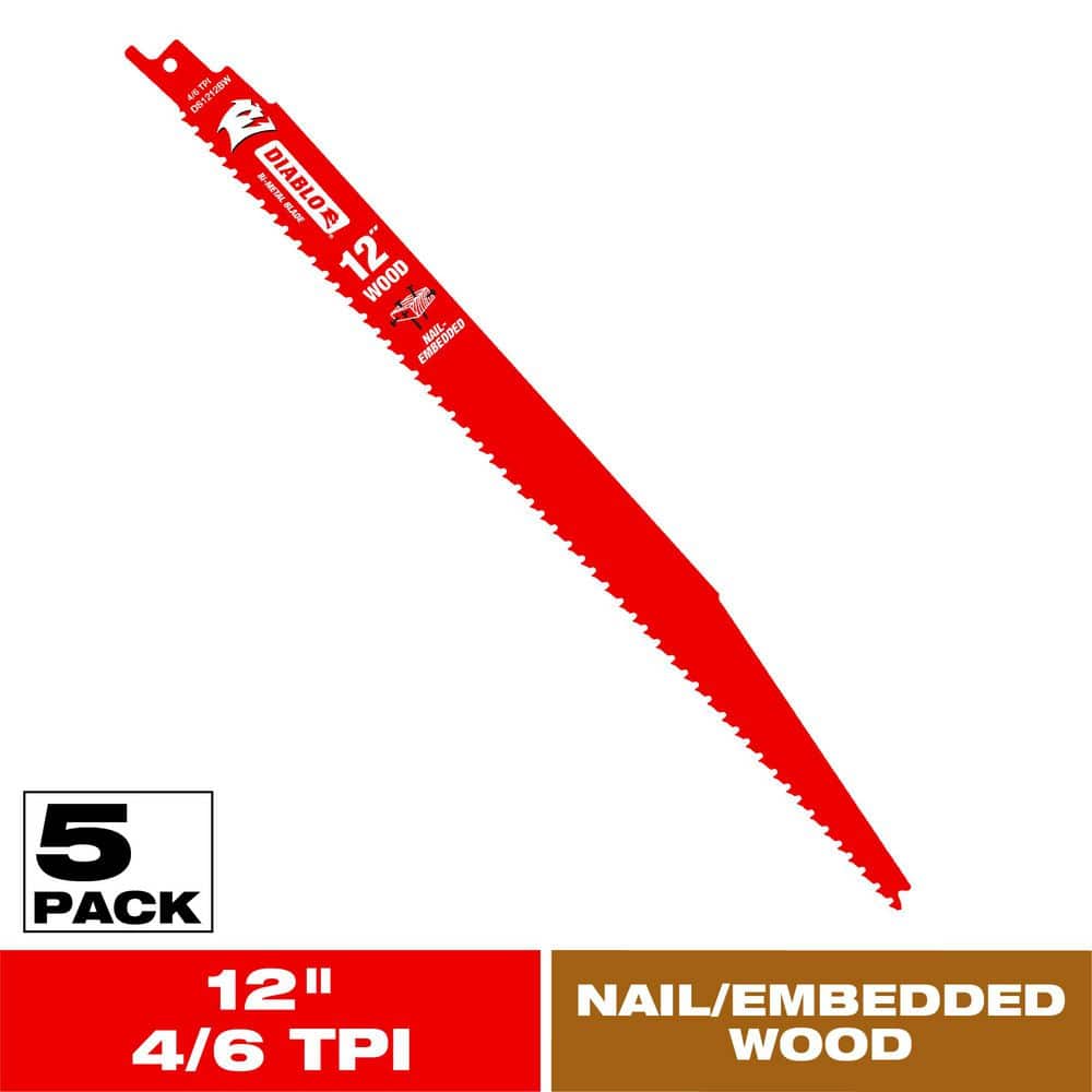 Diablo Bi-Metal Reciprocating Saw Blade for Nail-Embedded Wood 12" 4/6 TPI 5/Pack