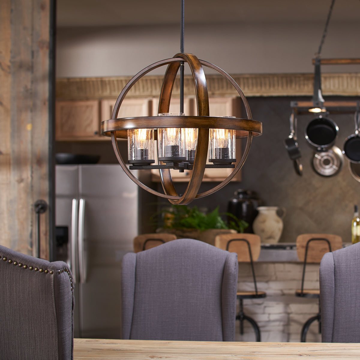 Kichler Barrington Distressed Black & Wood Tone Seeded Glass 4-Light Globe Pendant (21.25-in Dia)