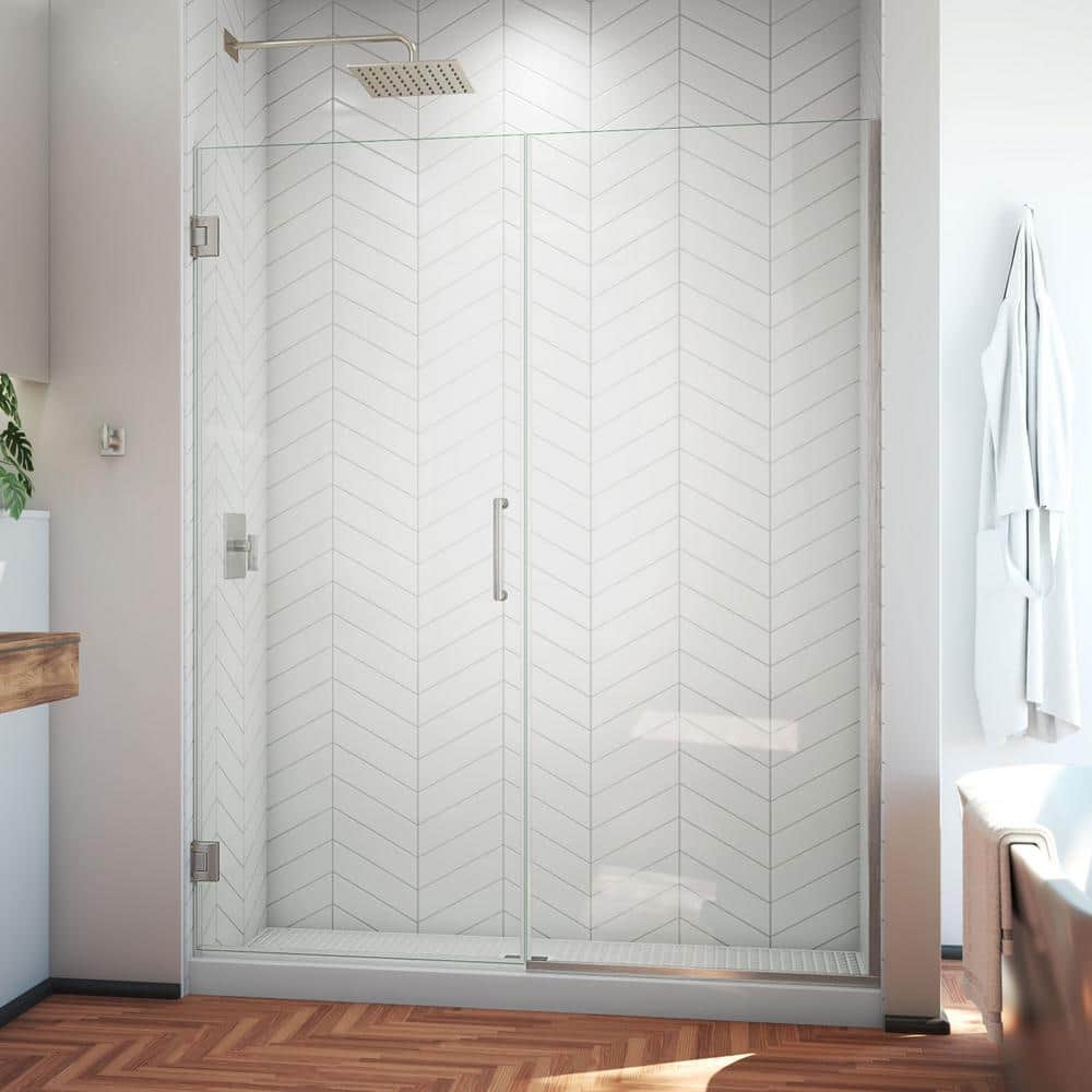 DreamLine Unidoor Plus 58 to 58.5 in. W x 72 in. H Frameless Hinged Shower Door, Brushed Nickel