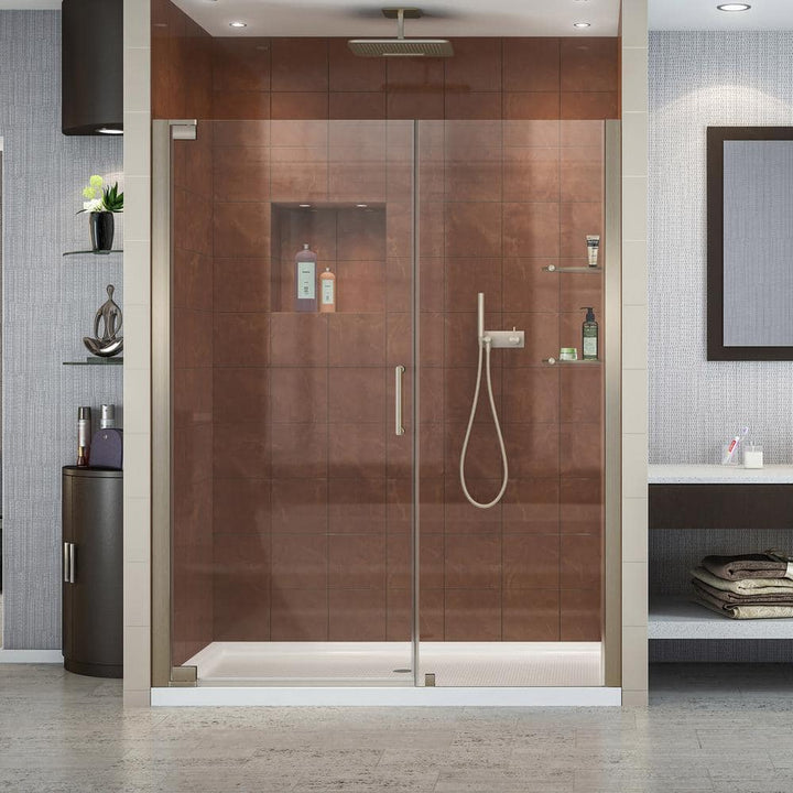 DreamLine Elegance 58 in. to 60 in. x 72 in. Semi-Frameless Pivot Shower Door with Shelves, Brushed Nickel