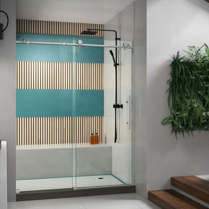 DreamLine Enigma-X 56 to 60 in. W x 76 in. H Frameless Sliding Shower Door, Brushed Stainless Steel