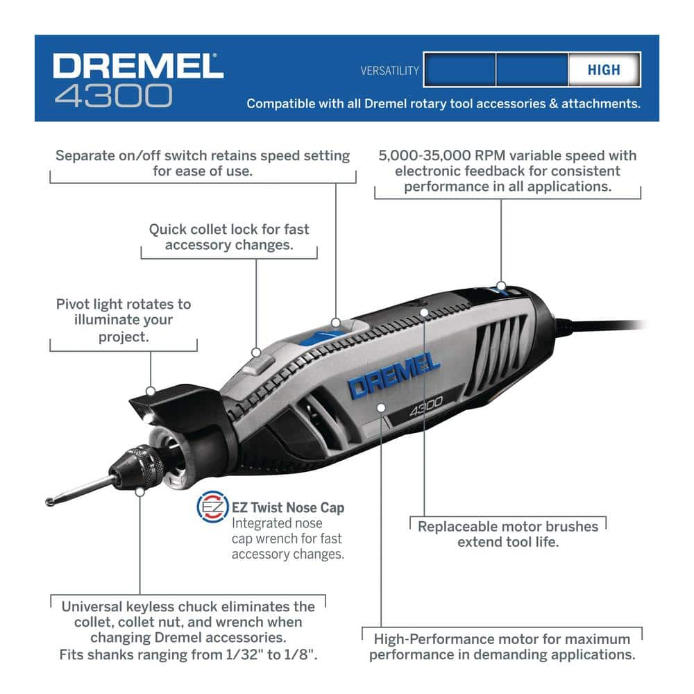Dremel 4300 Series 1.8 Amp Variable Speed Corded Rotary Tool Kit with Flex Shaft Rotary Tool Attachment
