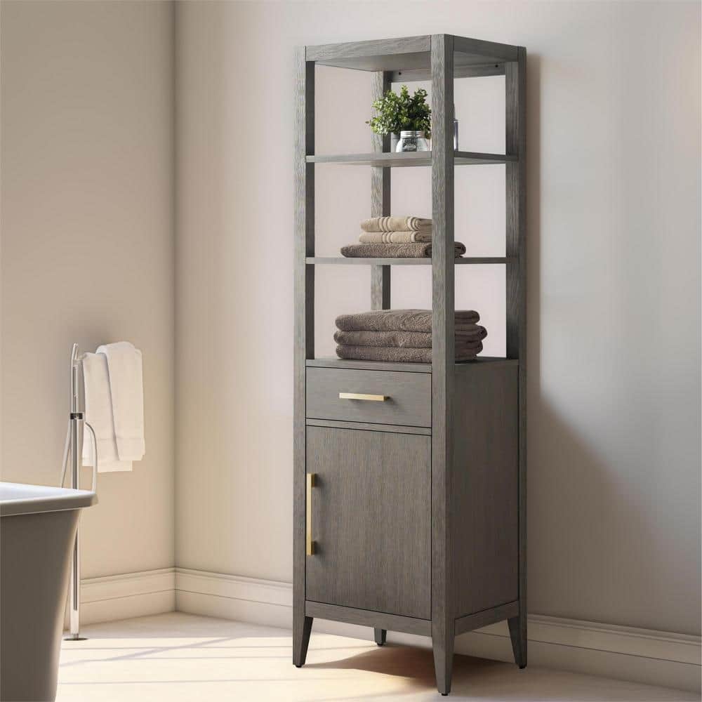 Vanity Art 21 in. W x 17 in. D x 72 in. H Brown MDF Floor Standing Linen Cabinet with Soft Close Door in Driftwood Gray/GB