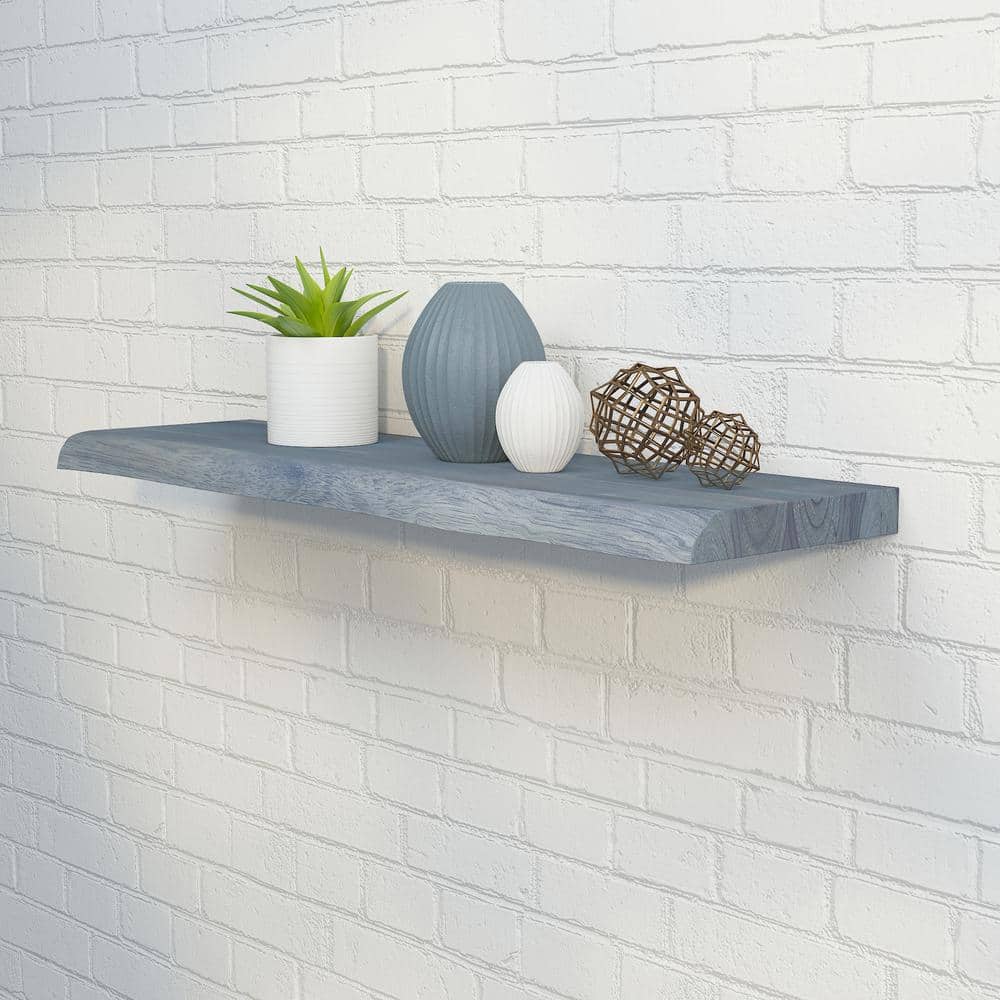 Interbuild Solid 2.9 ft. L x 10 in. D x 1.5 in. T, Acacia Butcher Block Countertop Floating Wall Shelf, Dusk Grey with Live Edge