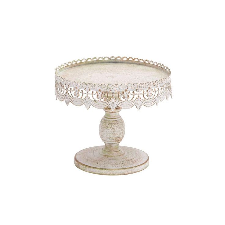 10 in. W x 9 in. H Round Whitewashed and Rust Brown Cake Stand with Cutout Bunting Overhang