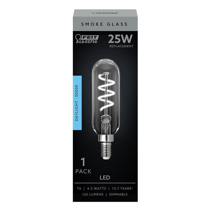 Feit Electric 25-Watt Equivalent T6 Candelabra Dimmable LED Smoke Glass Vintage Light Bulb with Spiral Filament Daylight (4-Pack)