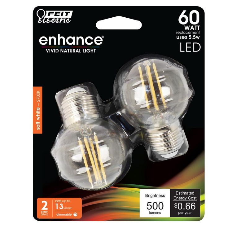Feit Electric 60-Watt Equivalent G16.5 Medium Dimmable Filament ENERGY STAR Clear Glass LED Light Bulb, Soft White (2-Pack)