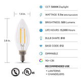 Feit Electric 60W Equivalent Daylight (5000K) B10 Candelabra Dimmable Filament LED Clear Glass Light Bulb (2-Pack)