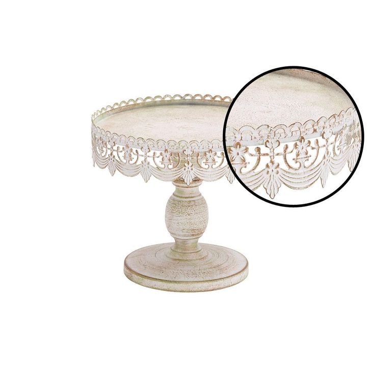 10 in. W x 9 in. H Round Whitewashed and Rust Brown Cake Stand with Cutout Bunting Overhang