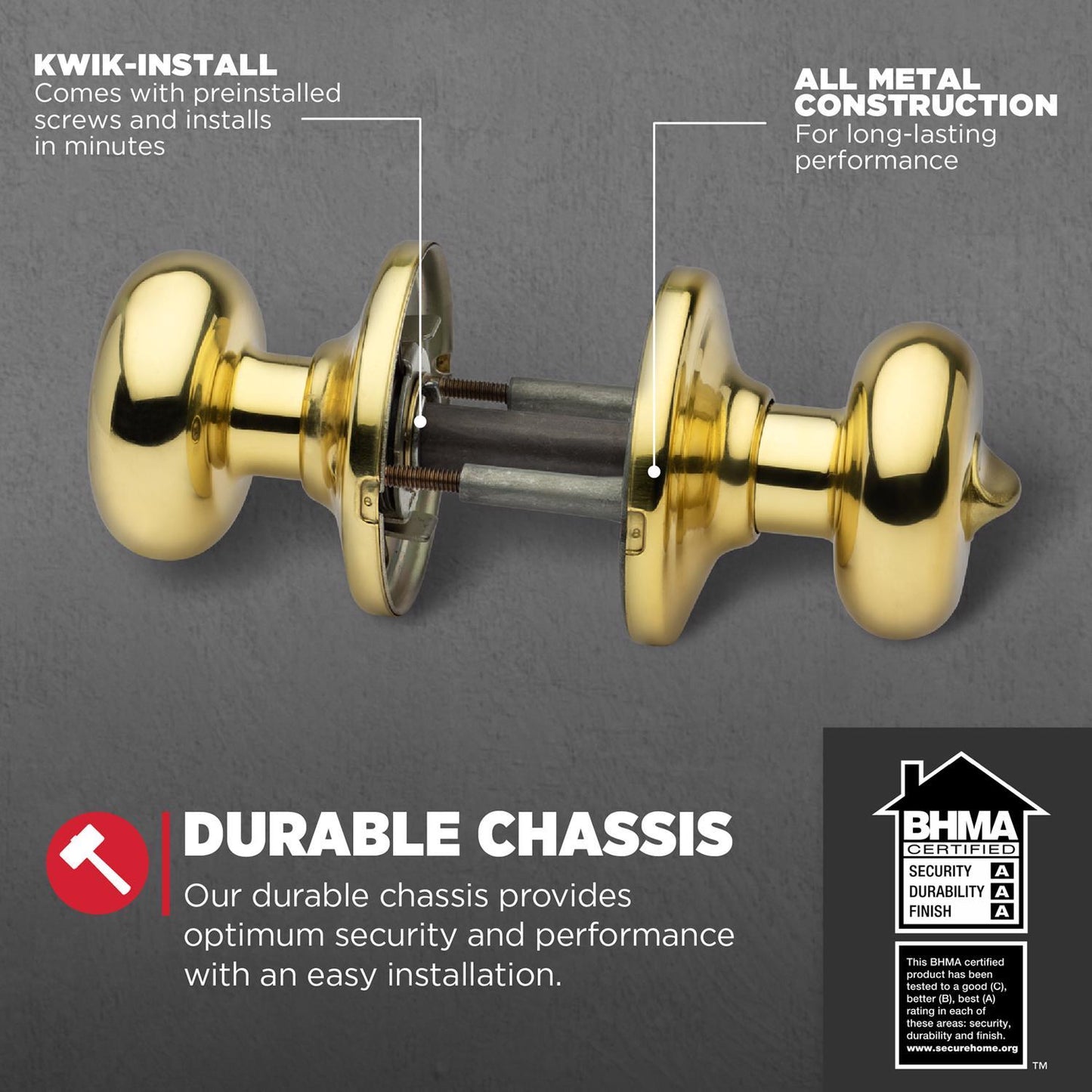 Kwikset Juno Polished Brass Privacy Lockset, ANSI/BHMA Grade 2, 1.75 in Door Thickness