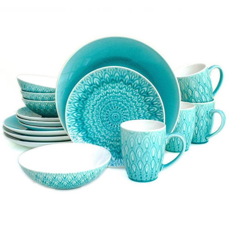 Peacock 16-Piece Lagoon Stoneware Crackle-Glaze Dinnerware Set (Service for 4)