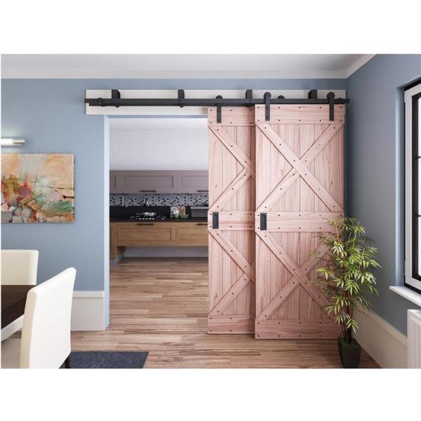 8 ft./96 in. Black Bypass Sliding Barn Hardware Track Kit for Double Wood Doors with Non-Routed Door Guide - Super Arbor