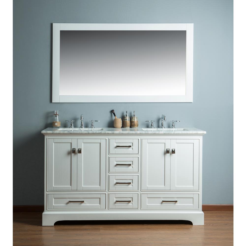 Newport 60 in. W x 22 in. D Vanity in White with Marble Vanity Top in Carrara White and Mirror - Super Arbor