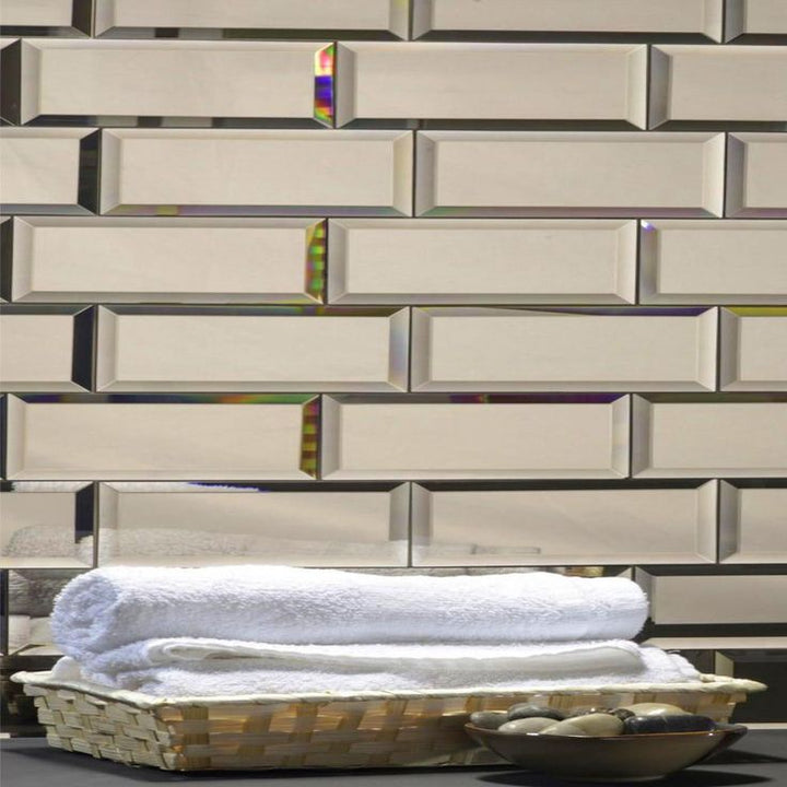 Reflections Gold Beveled Subway 3 in. x 12 in. Glass Mirror Wall Tile (1 sq. ft. )