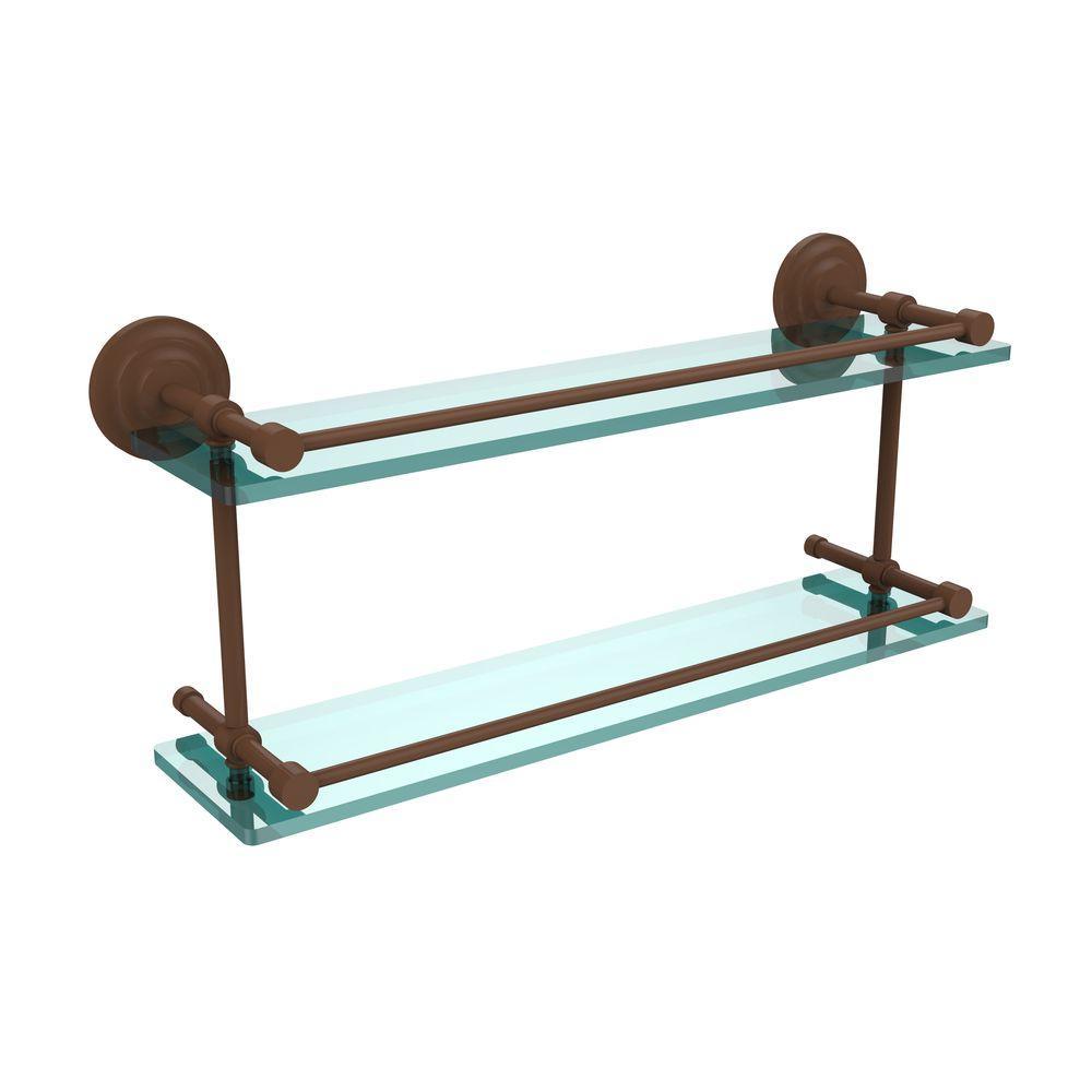 Que New 22 in. L x 8 in. H x 5 in. W 2-Tier Clear Glass Bathroom Shelf with Gallery Rail in Satin Nickel - Super Arbor