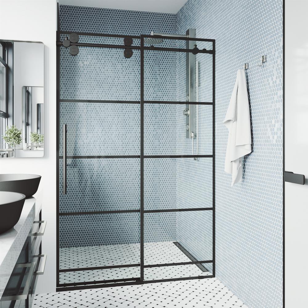 Elan 60 to 64 in. x 74 in. Frameless Sliding Shower Door in Stainless Steel with Clear Glass and Handle - Super Arbor
