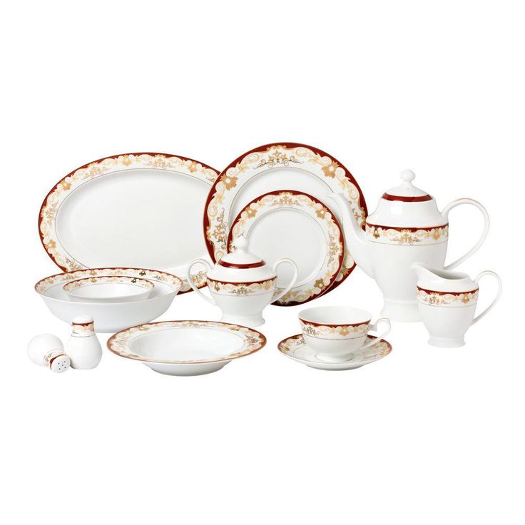 57-Piece Patterned Red Bone China Dinnerware Set (Service for 8)
