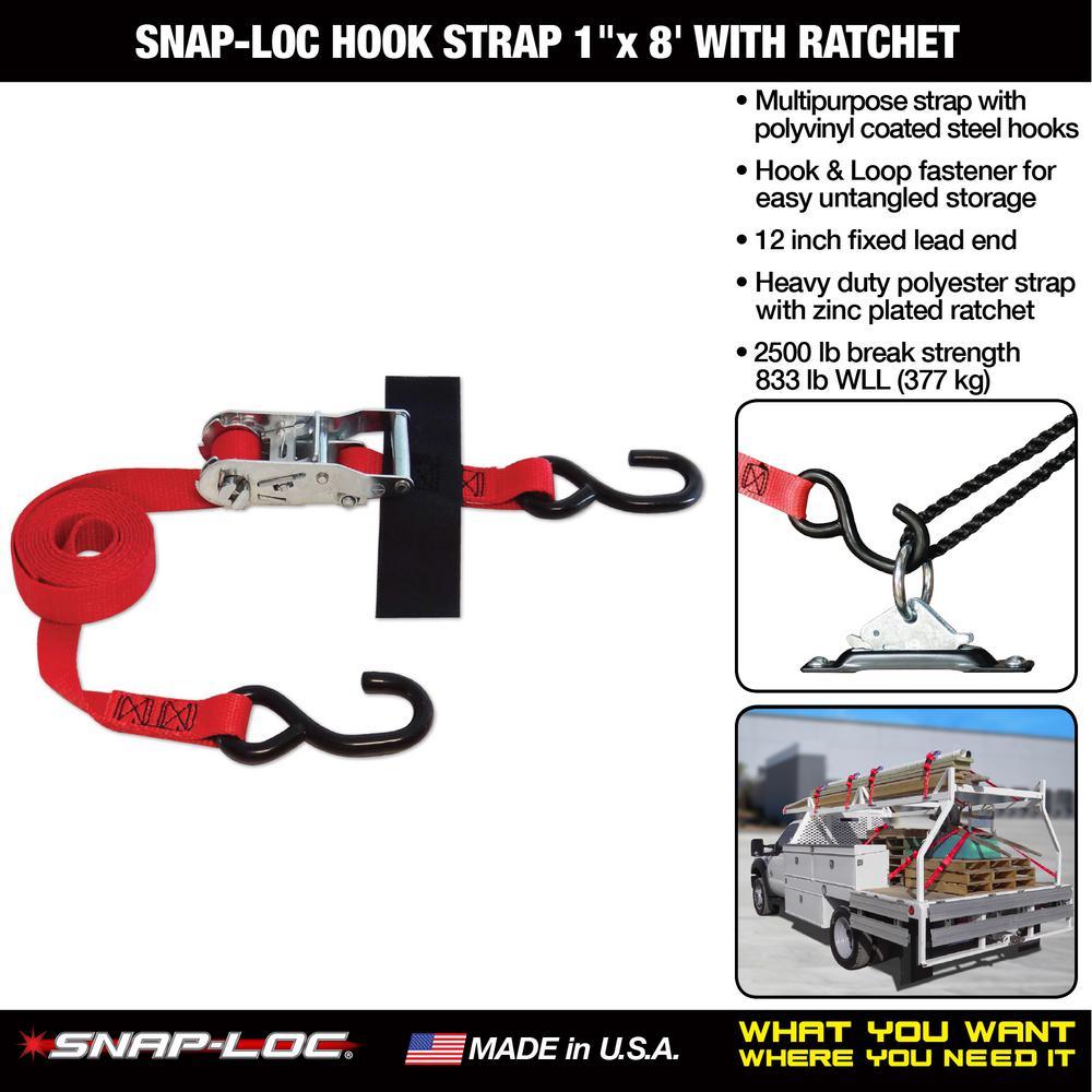 2 Pack - 8 ft. x 1 in. S-Hook Ratchet Strap with Hook and Loop Storage Fastener in Red - Super Arbor