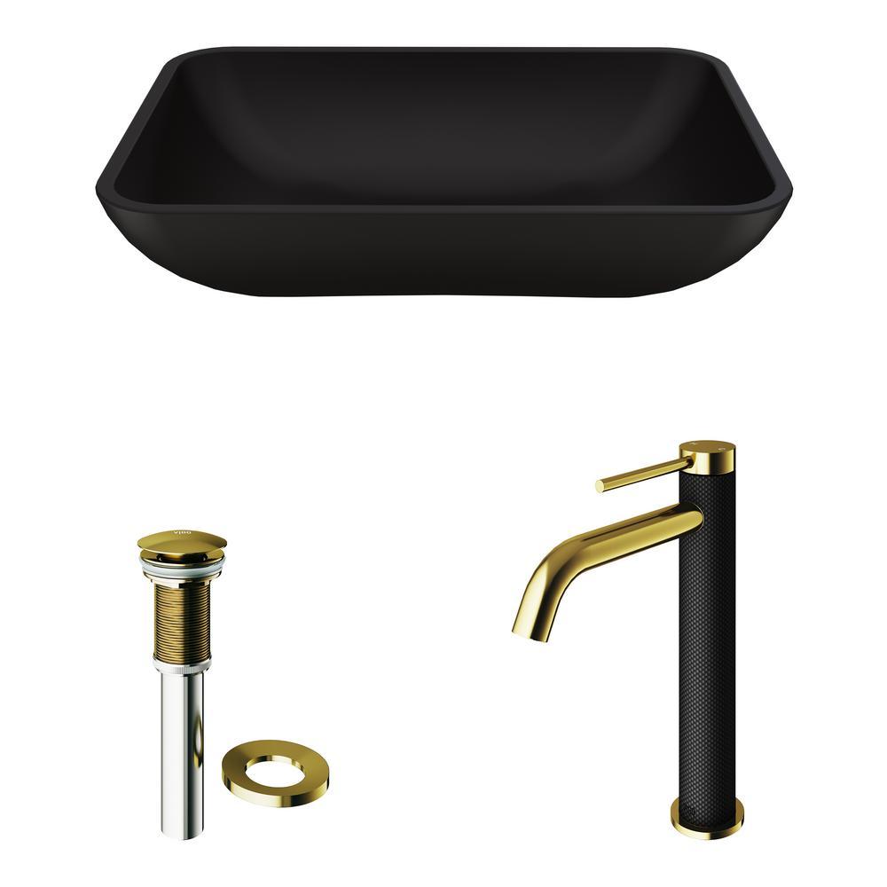 MatteShell Rectangular Vessel Bathroom Sink in Black and Lexington cFiber Faucet in Matte Gold/Matte Black - Super Arbor