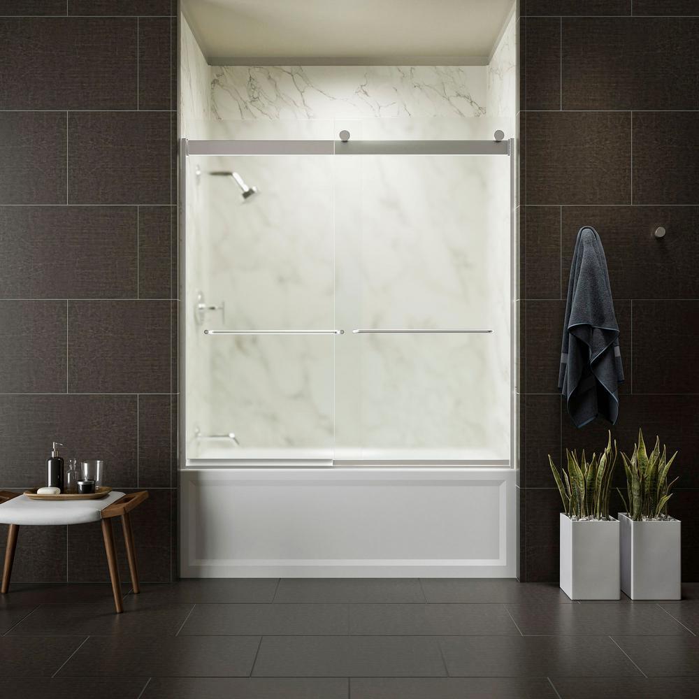 Levity 59 in. x 62 in. Semi-Frameless Sliding Tub Door in Matte Nickel with Handle - Super Arbor