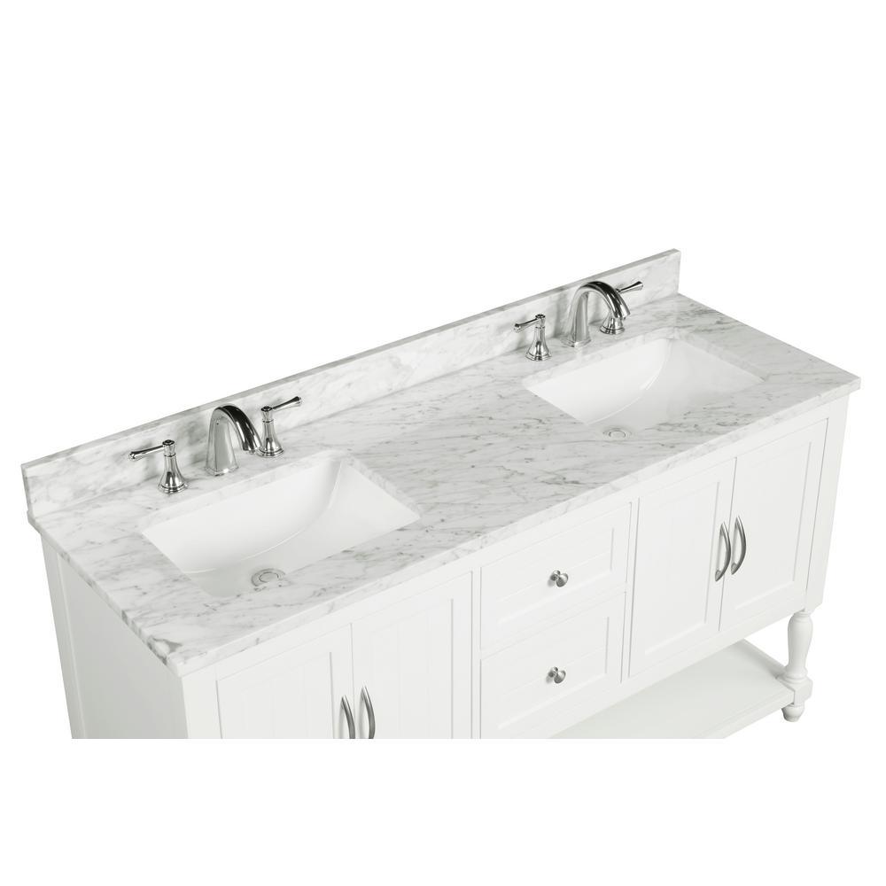 61 in. W x 22 in. D x 1 in. H Bianco Carrara White Marble Double Basin Vanity Top with White Basins - Super Arbor