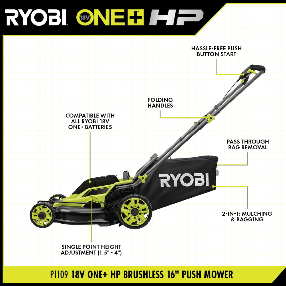 RYOBI 16 in. ONE+ 18V HP Brushless Cordless Push Lawn Mower (Tool Only)