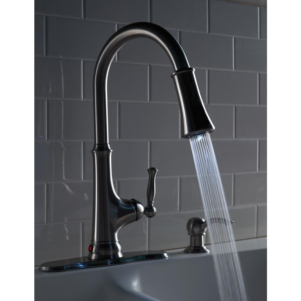 Touchless LED Single-Handle Pull-Down Sprayer Kitchen Faucet with Soap Dispenser in Stainless Steel - Super Arbor