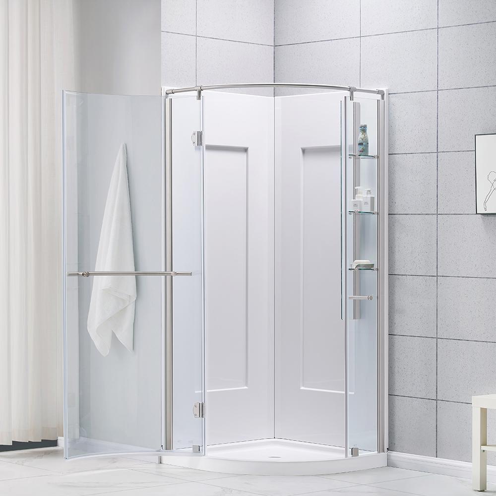 Glamour 32 in. x 76.40 in. Corner Drain Corner Shower Kit in White and Satin Nickel - Super Arbor