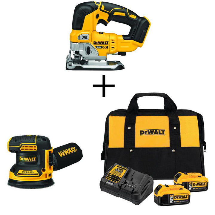 20-Volt MAX Li-Ion Cordless Brushless Jigsaw(Tool-Only) w/ Bonus 5 in. Sander(Tool-Only), Battery 5Ah(2), Charger & Bag - Super Arbor