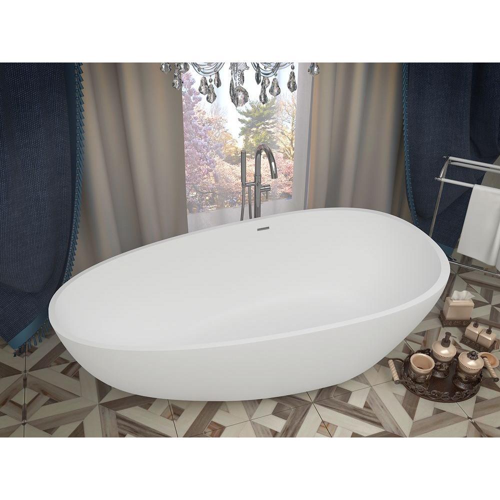 Fiume 5.6 ft. Man-Made Stone Center Drain Freestanding Bathtub in Matte White - Super Arbor