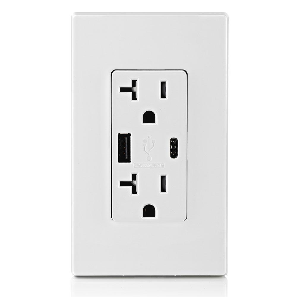 20 Amp Tamper Resistant Duplex Outlet with Type A and Type-C USB Chargers, White - Super Arbor