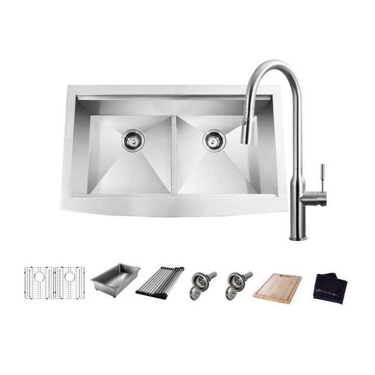 All-in-One Apron-Front Farmhouse Stainless Steel 33 in. 50/50 Double Bowl Workstation Sink with Faucet and Accessories