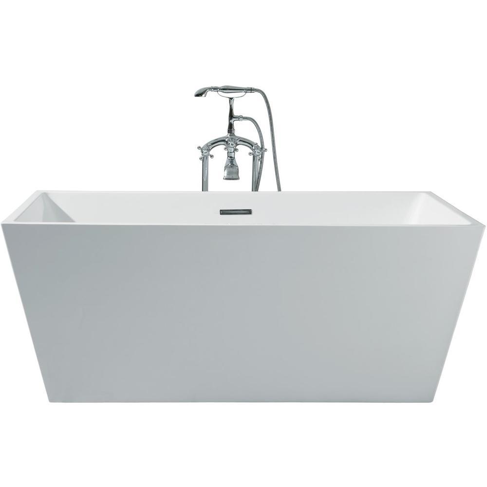 67 in. Acrylic Center Drain Rectangle Flat Bottom Freestanding Bathtub in White - Super Arbor