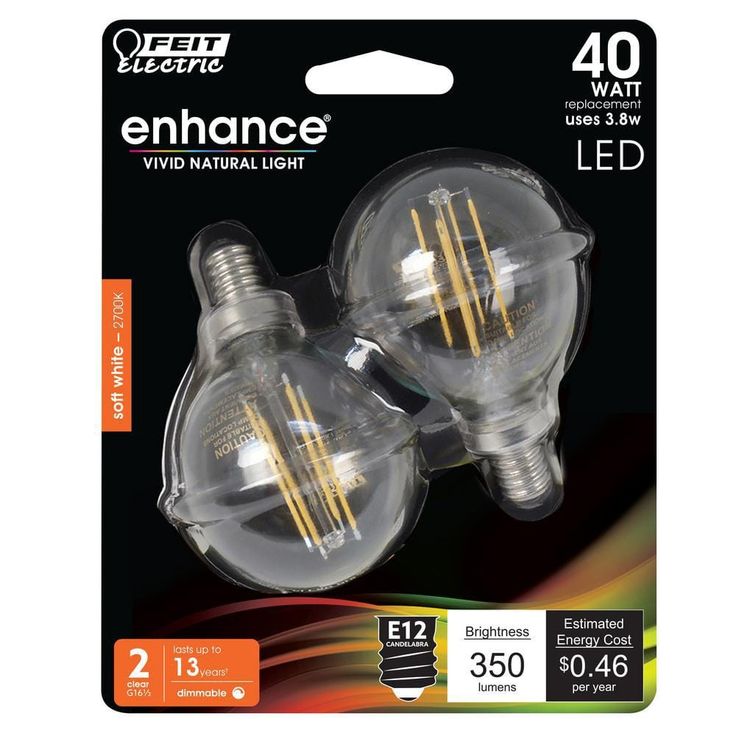 Feit Electric 40-Watt Equivalent G16.5 Candelabra Dimmable Filament ENERGY STAR Clear Glass LED Light Bulb, Soft White (2-Pack)