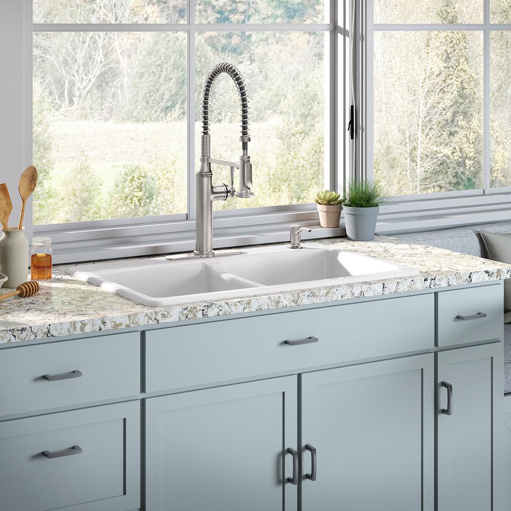 Brookfield Drop-In Cast Iron 33 in. 4-Hole Double Bowl Kitchen Sink in White - Super Arbor