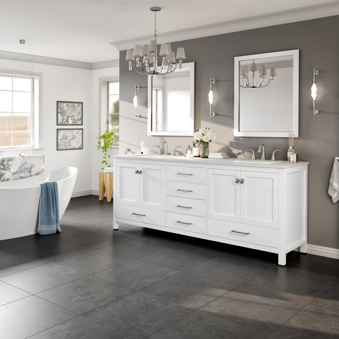 Eviva Frontier 84"W x 22"D Dark Gray Double Sink Bathroom Vanity with White Cultured Marble Countertop and Undermount Porcelain Sinks