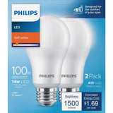 Philips 100-Watt Equivalent A19 Non-Dimmable Energy Saving LED Light Bulb Soft White (2700K) (2-Pack)