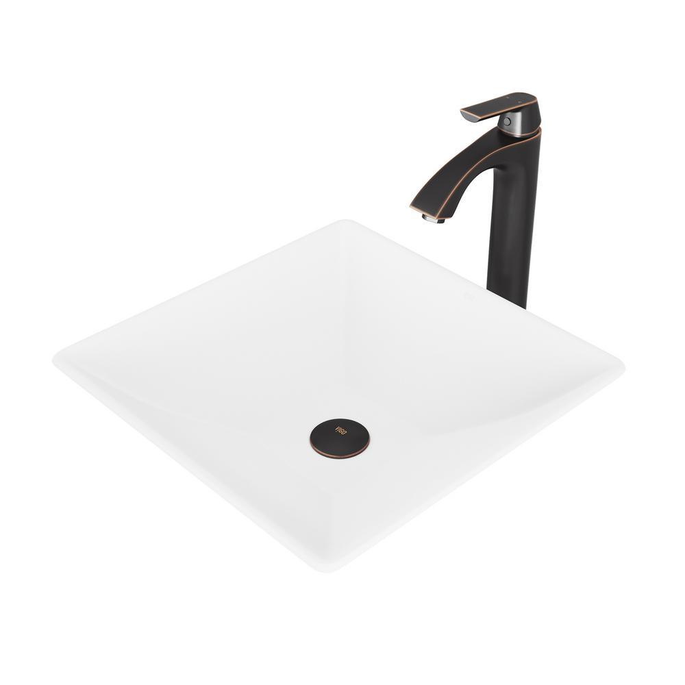 Hibiscus White Matte Stone Vessel Bathroom Sink and Linus Bathroom Vessel Faucet in Antique Rubbed Bronze w/ Pop up - Super Arbor