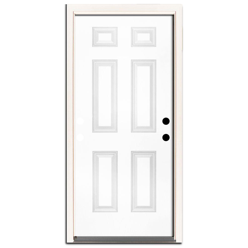 30 in. x 80 in. Premium 6-Panel Primed White Steel Prehung Front Door Left-Hand Outswing and 4 in. Wall - Super Arbor