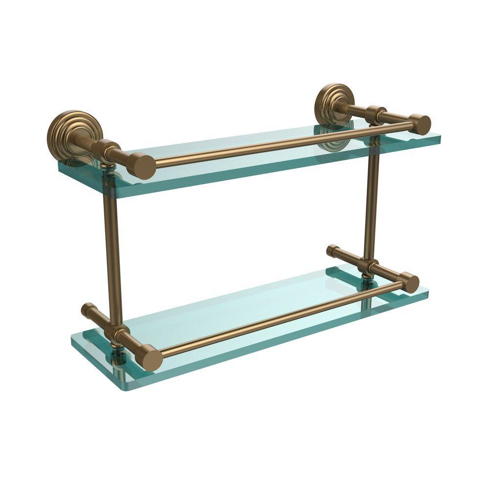 Waverly Place 16 in. L x 8 in. H x 5 in. W 2-Tier Clear Glass Bathroom Shelf with Gallery Rail in Satin Nickel - Super Arbor