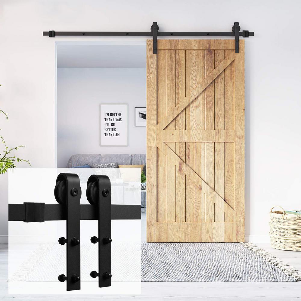 6 ft./72 in. Black Steel Bent Strap Sliding Barn Door Track and Hardware Kit for Single Door with Floor Guide - Super Arbor